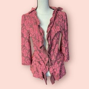 Anthropologie Pink Rose-Pattern Ruffle Cardigan
